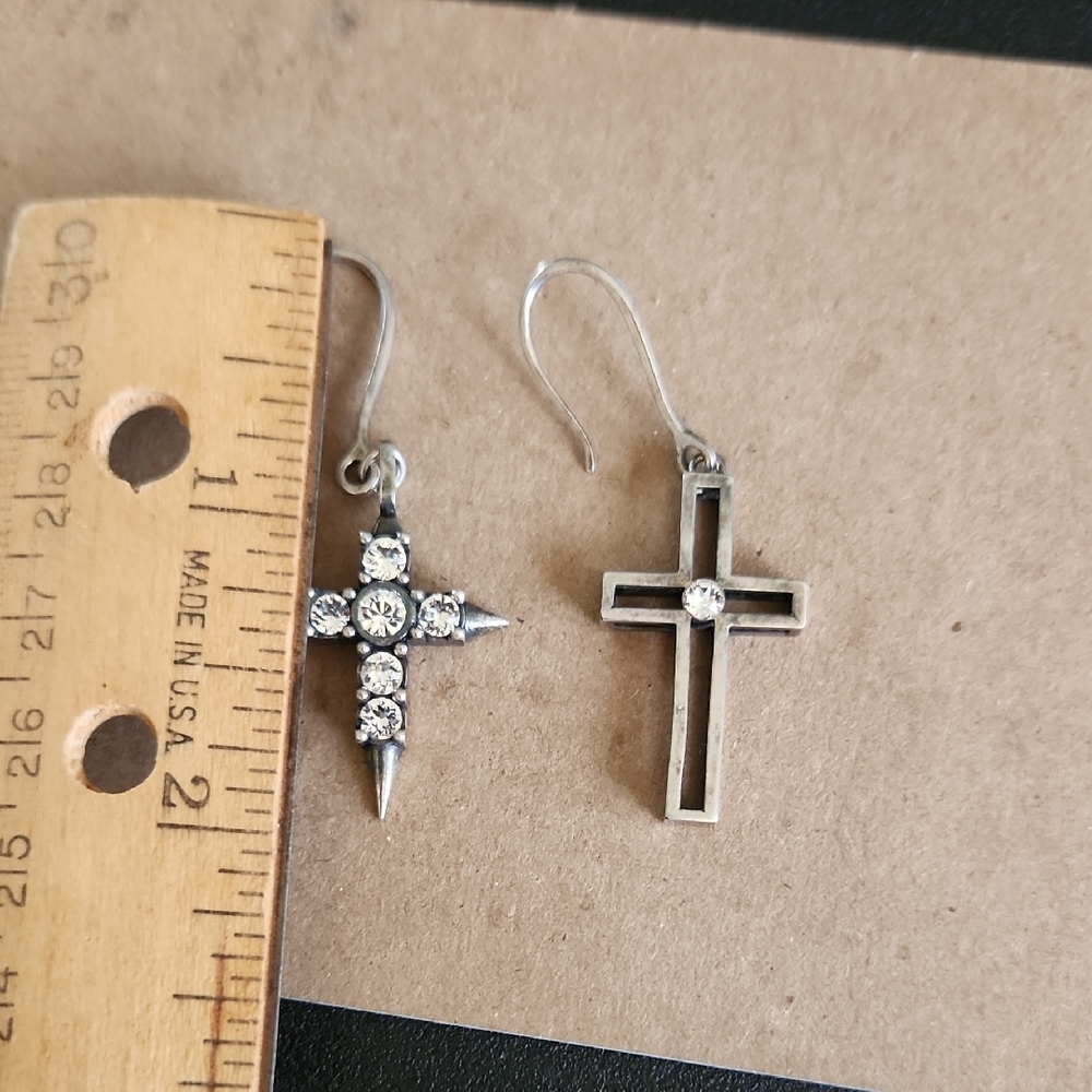 Yves Saint Laurent Asymetrical Oxidized Silver Tone Cross Drop Earrings - Picture 9 of 9
